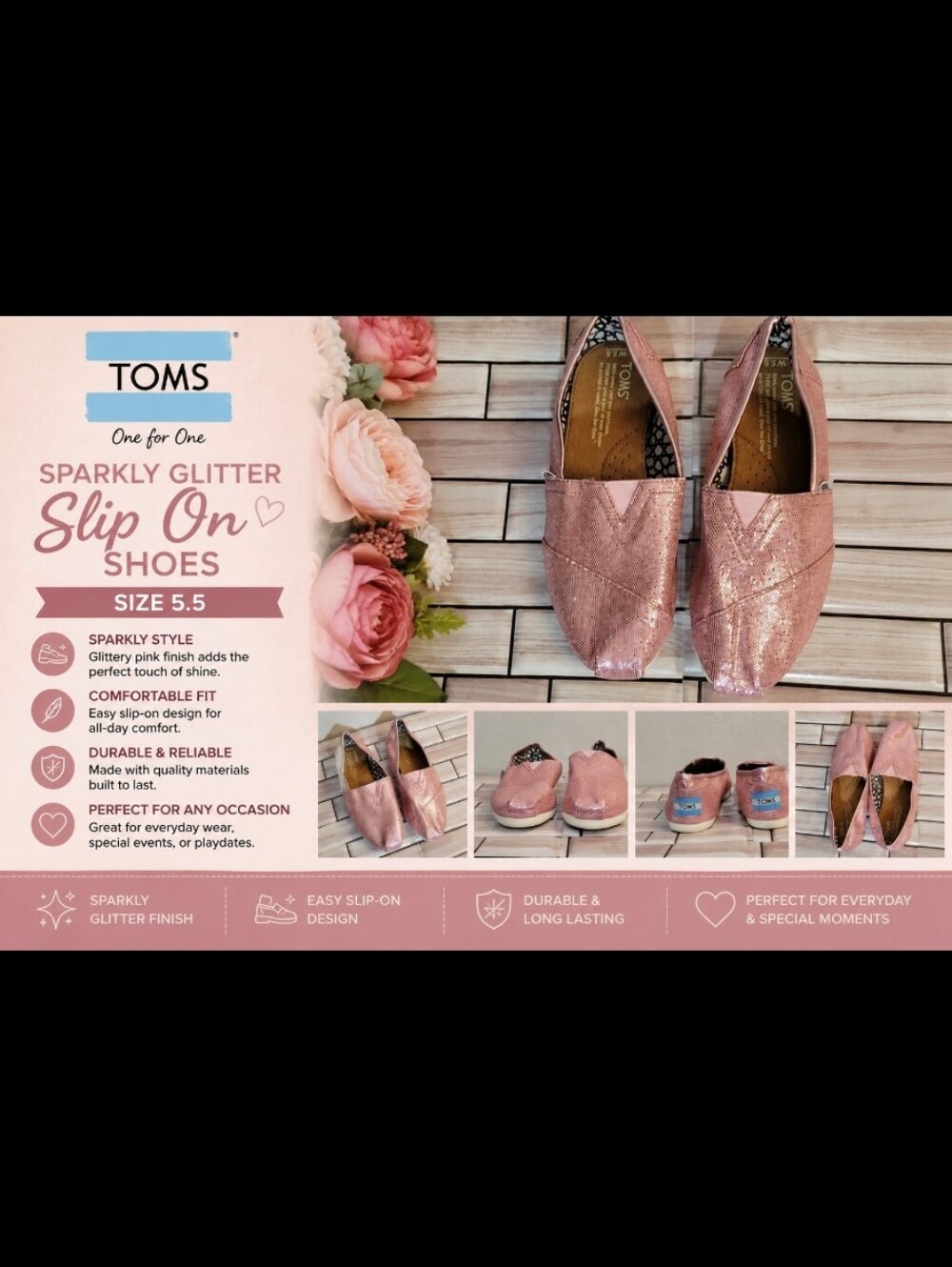 TOMS Sparkly Glitter Pink Girls Sip On Shoes 5.5